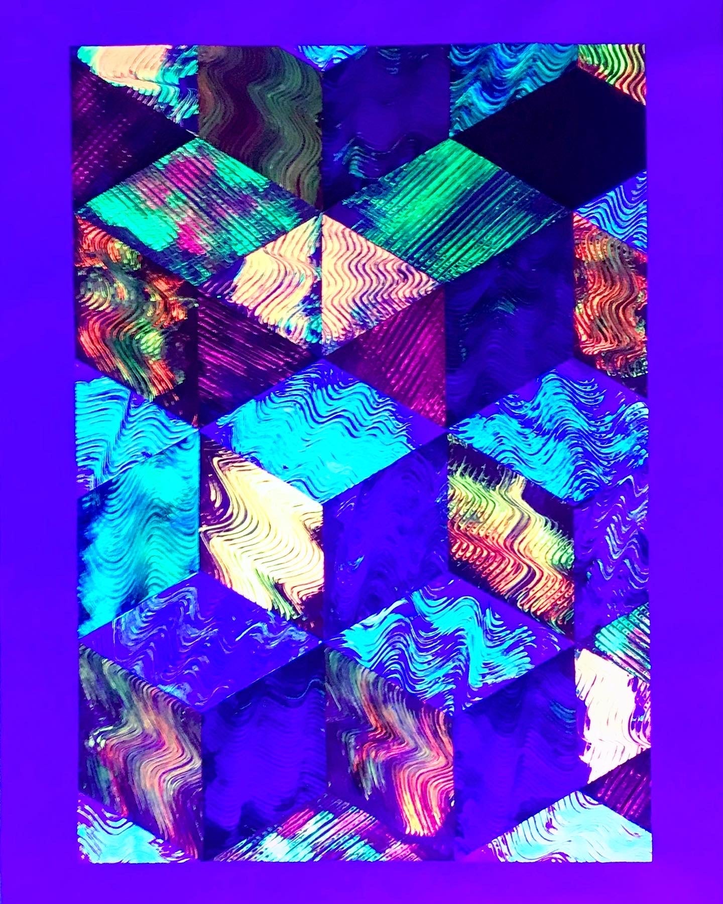 Metallic and fluorescent acrylics painting with colorful cubes, under UV light